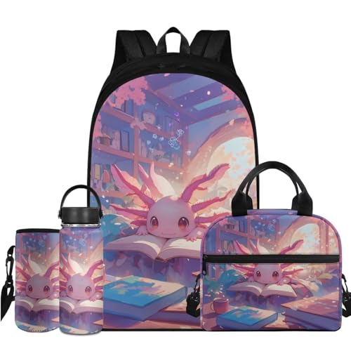 Flashideas Cherry Blossom Axolotl Backpack for Girls Kids Backpack with Lunch Box 32 oz Insulated Water Bottle and Water Bottle Holder 4Pcs Set 17" Cute Elementary Bookbag with Compartments for School - color: Cherry Blossom Axolotl-1