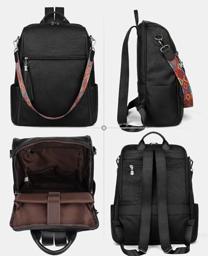 FADEON Leather Laptop Backpack for Women Designer 15.6 inch PU Laptop Bag, Ladies Travel Computer Work Backpack Black - color: Pure Black