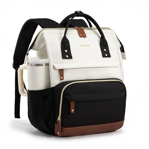 LOVEVOOK Laptop Backpack for Women, 15.6 Inch Work Business Backpacks Purse With Large Capacity, Waterproof Nurse Bag College Bookbag for School, Waterproof Casual Daypack for Travel - color: Beige-black, size: 15.6 INCH