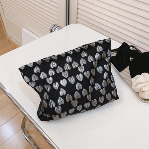 Wudygirl Cute Makeup Bag Cosmetic Bag Travel Cosmetic Pouch for Women Aesthetic Canvas Make up Organizer with Zipper Large Capacity Handbag Pencil Pouch (Black Heart) - color: Black Heart