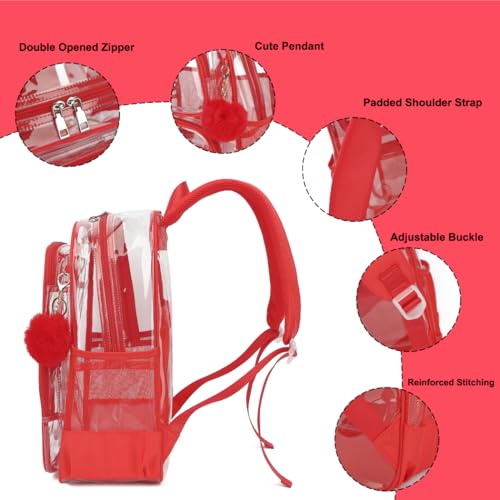 Heavy Duty Clear Backpack for Girls Boys Transparent School Bookbag Kids Durable PVC See Through Backpack-Red - color: Red
