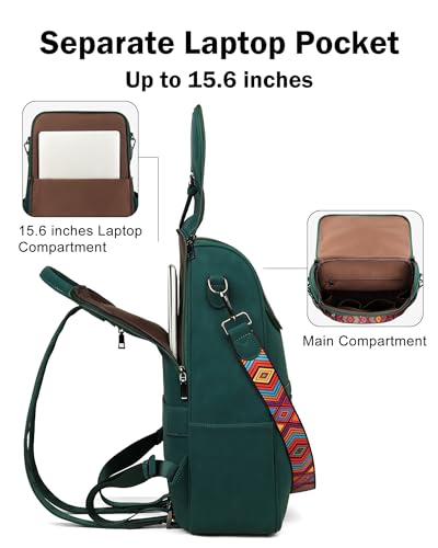 FADEON Laptop Backpack for Women Leather Travel Backpack with Laptop Compartment, Designer Ladies Computer Backpacks Green - color: Dark Green Nubuck Style