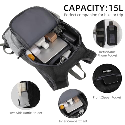 Small Hiking Backpack with Detachable Front Phone Holder, Foldable Packable Back pack with Chest and Waist Strap, Lightweight Daypack for Women Men (Black, 15L) - color: Black