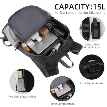 Small Hiking Backpack with Detachable Front Phone Holder, Foldable Packable Back pack with Chest and Waist Strap, Lightweight Daypack for Women Men (Black, 15L) - color: Black