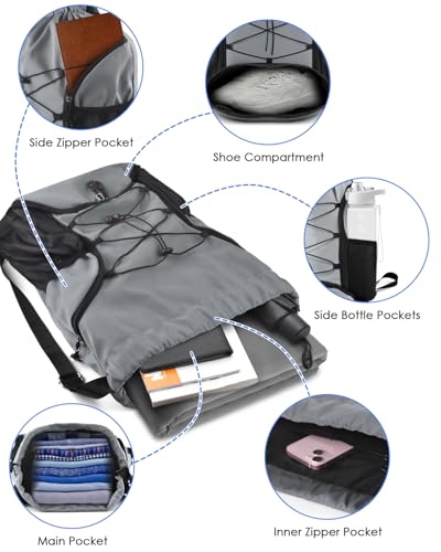 BROTOU Soccer Bags, Football Backpack, Volleyball Bag, Drawstring Soccer Backpack with Ball and Shoe Compartment - color: Silver Gray