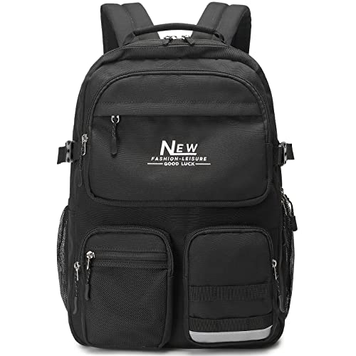 Water Resistant Backpack for Teen Girls Boys Students, Casual Multi Pockets Daypack with 15.6 inch Laptop pocket for Travel School College (Black) - color: Black With Embroidery