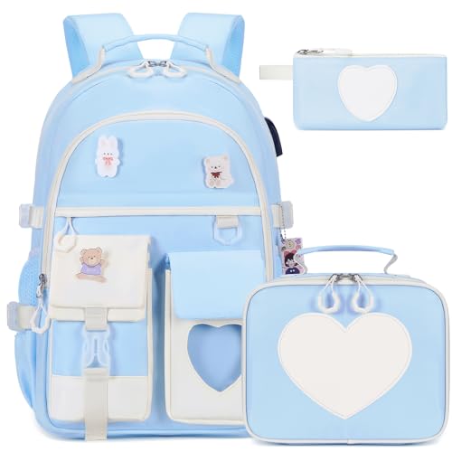ACESAK Backpack for Girls - Bookbag Backpacks Schoolbag for Girls Kids Teen Women Casual Travel Daypacks - School Bag Elementary Middle School College Cute Backpack with Lunch Box (Blue White) - color: Blue White