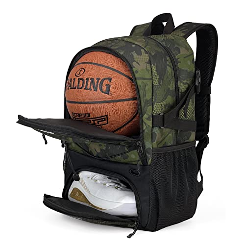 GRANDUP Basketball backpack with ball and shoes compartment Fit Volleyball, soccer, Swim, Gym, Travel, and School, large capacity sports training equipment bags - color: camo art