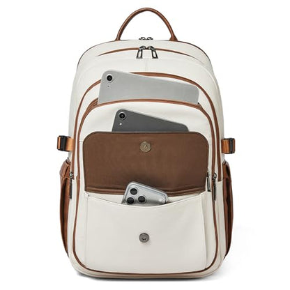 Vegan Leather Backpack, TSA Travel Backpack for Men and Women, Fits 17.0 Inch Notebook with Luggage Strap and USB Port, Beige - color: Beige