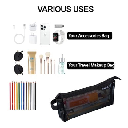 2-Pack Clear Mesh Pencil Case Pouch with Handle (Black) | Inside are visible, Single & double Layer combination, Various uses, Light weight, Robust quality