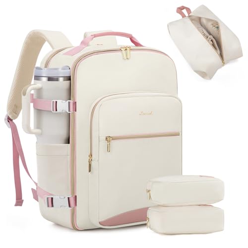 LOVEVOOK 40L Large Travel Backpack for Women Men, 17 Inch Carry on Backpack for Traveling on Airplane, Personal Item Travel Bag Airline Approved, Business Causal Weekender Backpack, Beige-Pink - color: Beige-pink, size: 40L-17.3 Inch-4Pcs