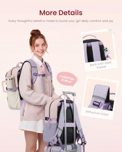 LOVEVOOK School Backpack for Teen Girls, Unique Style College Student Backpacks with Large Cup Holder, Cute Kid Bookbag with Pens Compartment, Large Capacity Back to School Backpack Fit 15.6'' Laptop - color: Purple Pink Beige, size: Medium