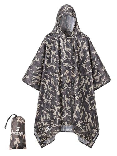 SaphiRose Extra Thick Hooded Rain Poncho Double Layer Waterproof Raincoat Jacket for Men Women Adults - color: Brown Camouflage