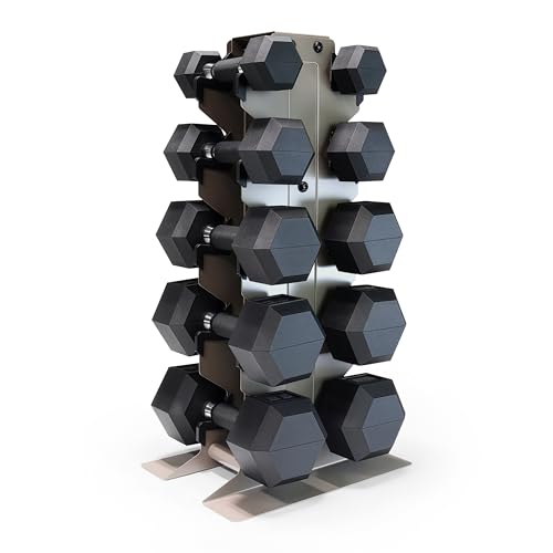 CAP Dumbbell Set with Rack, Rubber Coated Hex Free Weight Set | 100–300 lb Options, Vertical Space-Saving Storage for Home Gym Strength Training - size: 150 lb Set - Tan Rack, style: Comfort Handle