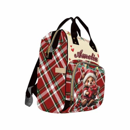 Custom Diaper Bag with Name, Personalized School Bag Christmas Bear Print, Monogram Nappy Backpack with Thermal Pockets for Adults Kids, Large Capacity Waterproof Diaper Bag Xmas Gift - color: A-color-2
