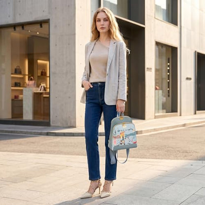 Venetti Cityscape Illustration Mini Backpack for Women and Girls, Cute Small Backpack Purse with Multi-Pocket and Zipper, Light Print Shoulder Bag Leather for Travel Daily Use VN-HB-001-BL - color: Blue