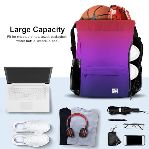 Drawstring Backpack with Mesh Pockets String Gym Bag Sackpack Sandproof Water Resistant Beach Backpack for Men Women - color: Gradient Purple