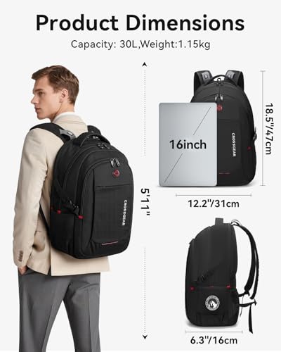 CROSSGEAR Ergonomic Laptop Backpack Reduce Shoulder Strain by 30%, 16 Inch Large Work Backpack, Lightweight Waterproof Travel Backpack, YKK Zipper, Carry-On Bookbag for Work Commute and Travel, Black - size: 16 inch
