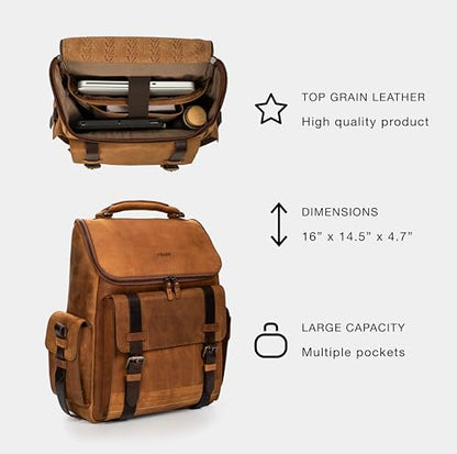VELEZ Top Grain Leather Backpack for Men and Women - 15.6 Inch Laptop Bag - Brown Designer Leather Bookbag - Vintage Business Leather Travel Backpack Casual Shoulder Bags