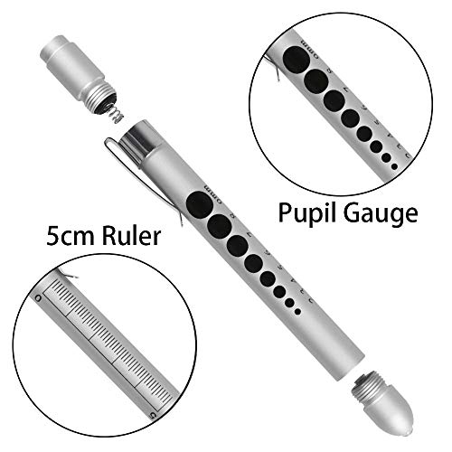 Aokin Medical Pen Light for Nurse Doctor, Reusable LED Medical Penlight Flashlight with Pupil Gauge and Ruler, White Light, Silver - color: Silver