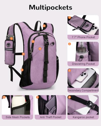 Folding Hiking Backpack with Phone Pocket for Men Women, Small Ultralight Packable Casual Daypack with Shoulder Chest Straps for Travel, 15L Foldable Lightweight Day Pack, Purple - color: Purple