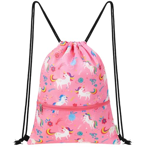 WAWASAM Kids Drawstring Backpack, Gym Swim Bag Cinch Bag for Girls Boys with Zipper Pocket - color: Unicorn