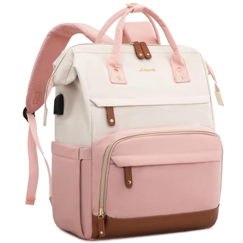 LOVEVOOK Laptop Backpack for Women, 15.6 Inch Work Business Backpacks Purse With Large Capacity, Waterproof Nurse Bag College Bookbag for School, Waterproof Casual Daypack for Travel - color: White-pink, size: 15.6 INCH