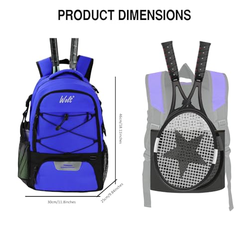 WOLT Tennis Bag - Large Tennis Racket Backpack for Men & Women - Ventilated Shoe Compartment - Holds 2 Rackets - color: Blue