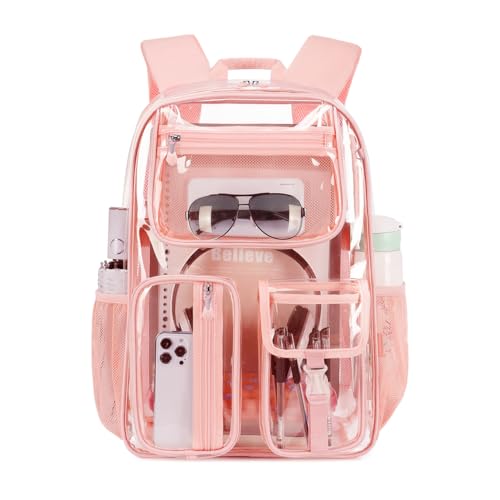 Pink See Through Backpack For Women, Clear Backpack Heavy Duty,Clear BookBag,16 x11 x5inch TPU Large Capacity for School,stadium events, Sport Events,Travel,mochila transparente para mujer (Pink) - color: Pink