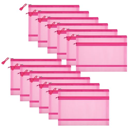 12 Pieces Zipper Nylon Mesh Pouch, Mesh Cosmetic Bags Makeup Bags Pencil Case, Multipurpose Travel Bags for Cosmetic School Office Supplies and Travel Accessories (2 Layers-Pink, A5) - color: 2 Layers-Pink, size: A5