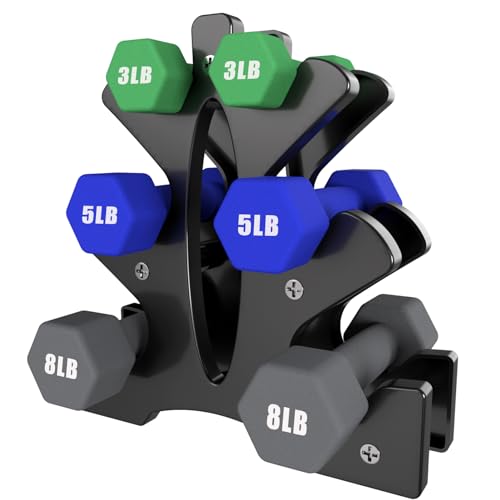 Portzon Weights Dumbbells Set 3, 5, 8, and 10 Pound Neoprene Dumbbell Free Hand Weight Set with Rack, Ideal for Home Exercises, 32 LB, Anti-Slip, Anti-roll, Hex Shape - color: Dark Green+Dark Blue+Black