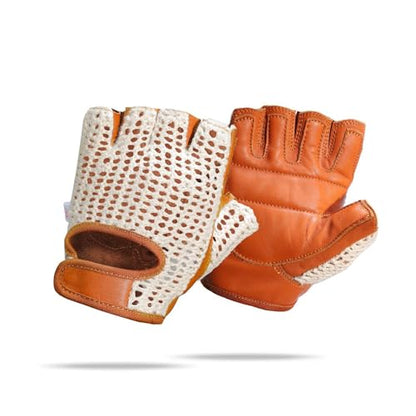 Real Soft Leather Crochet Net Fingerless Driving Weight Training Cycling Wheelchair Gloves W-1037 - color: Tan/White 049, size: XX-Large