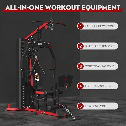 SPART Home Gym Station,Multifunctional Home Gym Workout Equipment,with 160LBS Weight Stack for Leg Press & Chest Fly, All in One Exercise Equipment Full Body Strength Training with Pulley System - color: Red, style: Steel Cover