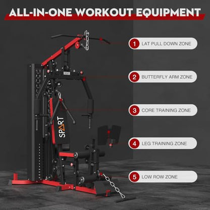 SPART Home Gym Station,Multifunctional Home Gym Workout Equipment,with 160LBS Weight Stack for Leg Press & Chest Fly, All in One Exercise Equipment Full Body Strength Training with Pulley System - color: Red, style: Steel Cover