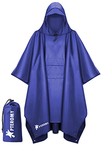 PTEROMY 3-in-1 Hooded Rain Poncho for Adult with Pocket, Waterproof Lightweight Unisex Raincoat for Hiking Camping Emergency - color: Blue