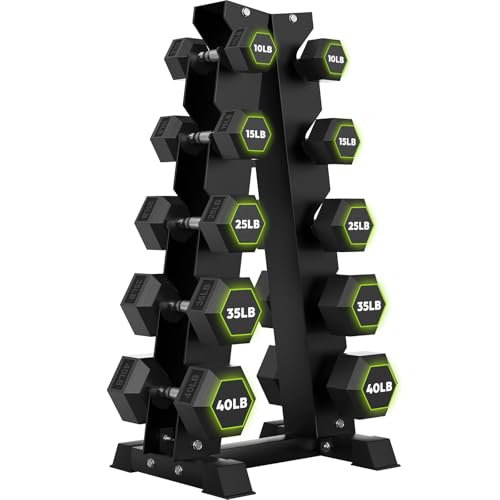 HANDBODE Rubber Coated Hex Dumbbell Set with A-Frame Rack, 100 lb - 600 lb Multiple Options Weight, Hexagon Non-Rolling Shape, Ergonomic Knurled Handle, Home Gym Equipment for Strength Training - style: 250 lb (10, 15, 25, 35, 40 lb) X 2 & Rack