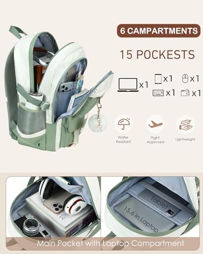 Hidds Laptop Backpack For College Women Elementary Middle High School Bag Teen Girls Bookbag Travel Daypack Backpacks (Green Beige) - color: Green Beige
