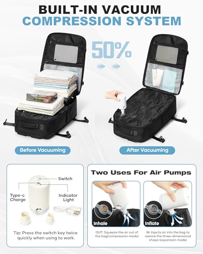 coofay Vacuum Backpack Travel with Pump Vacpack Backpack with Vacuum Seal Backpacks Traveling Backpacks Vacuum Compression Air Travel Bag Carry on Luggage - color: A-black