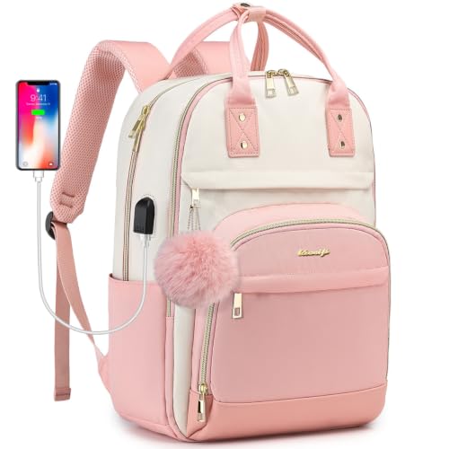 Laptop Backpack for Women College Bookbag: 15.6 Inch Cute Work Backpacks with USB Charger Waterproof Stylish Womens Computer Bag for Teachers Nurses Casual Business Travel Back Pack (with Pom-Pom) - color: Beige Pink, size: 15.6 Inch