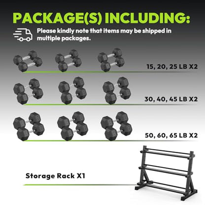 HANDBODE 3-Tier Dumbbell Rack Stand, 1000LB Capacity Storage Rack, Weight Rack for Dumbbells, Kettlebell, 390–700 lb Rubber Coated Fixed Weight Sets, Home Gym Strength Training Equipment - color: 700 lb Set (15-65 lb) *2 & Rack
