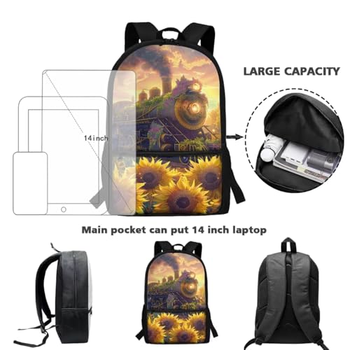 ZDCUSTOM Sunflower Train Backpack with Lunch Box for School, 17 Inch Bookbag Set for Kids School Backpack with Water Bottle Sleeves, Pencil Case Pouch, Keychain, Back to School Supplies - color: Sunflower Train