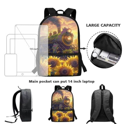 ZDCUSTOM Sunflower Train Backpack with Lunch Box for School, 17 Inch Bookbag Set for Kids School Backpack with Water Bottle Sleeves, Pencil Case Pouch, Keychain, Back to School Supplies - color: Sunflower Train
