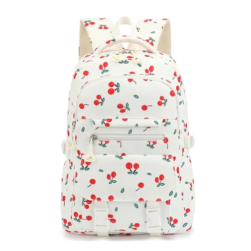Kids High Middle School Backpack for Girls 5-12 Kawaii Travel Cherry Bookbag,Beige Cherry - color: Beige Cherry