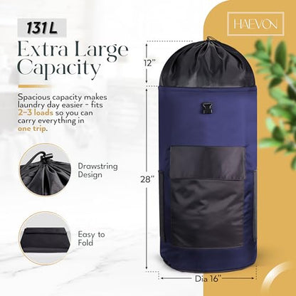 HAEVON Laundry Backpack - 131L Heavy Duty Laundry Bag with Padded Shoulder & Waist Straps, Removable Liner - College, Dorm, Apartment, Travel, Outdoor - Big Laundry Bag for Easy Carrying (Blue Black) - color: Navy Blue and Black