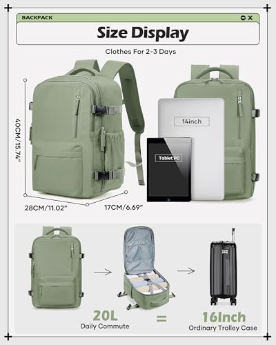 winspansy Travel Backpack for Women Men Essentials Carry on Luggage Flight Approved Personal Item Travel Bag Work Laptop Backpack Waterproof Weekender Bags for Women Mochila de Viaje Green - color: B6-green-no Vacuum Bag