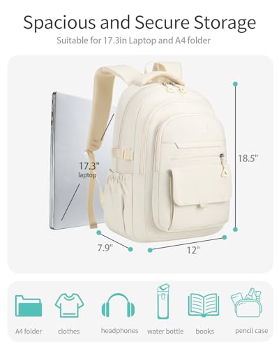 Large School Backpack for Girls, Teens Schoolbag Aesthetic High School Middle School Laptop Backpack College Student Women Bookbag, Beige - color: Beige, size: 17.3in