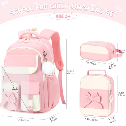 Kids Backpack for Girls, 3PCS School Backpack Set with Insulated Lunch Box & Pencil Case, Waterproof Lightweight Bookbag for Elementary & Middle School, Cute Bow Travel Daypack Pink-Beige - color: Pink-beige