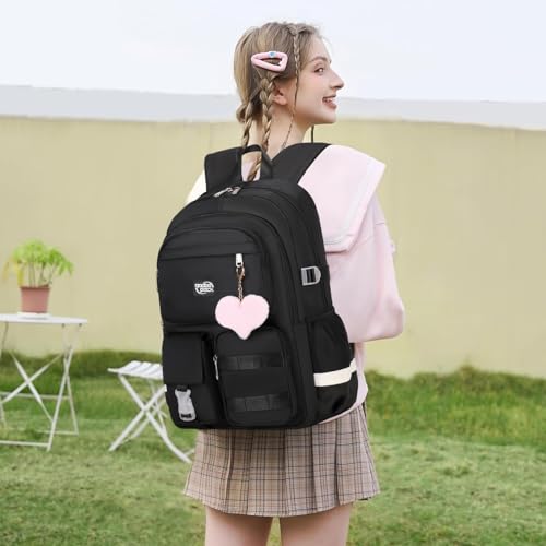 3PCS Student Backpack For School Women College Middle High Teen Girls Bookbag Waterproof Laptop Bag Black - color: Black