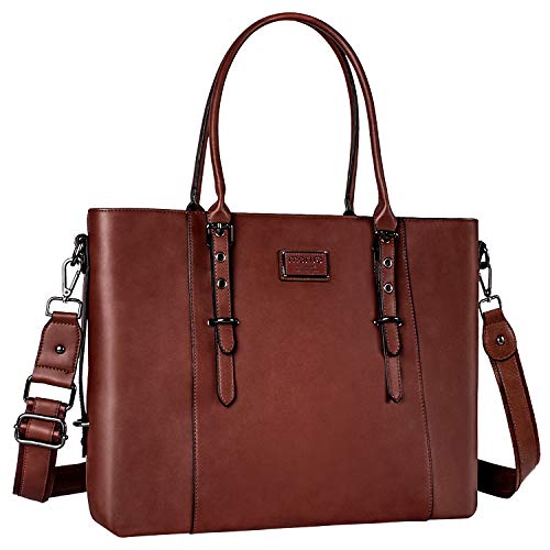 MOSISO Laptop Bag for Women, 15.6 inch Waterproof Vintage PU Leather Briefcase Shoulder Computer Laptop Tote Bag for Office Work, Brown - color: Brown, size: 16 inch