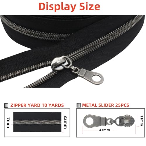 MebuZip #5 Gunmetal Metallic Nylon Coil Zippers by The Yard Bulk Coil Zipper Roll 10 Yards with 25pcs Pulls for DIY Sewing Craft Bags (Black) - color: Gunmetal Black